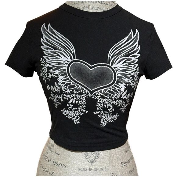 SHEIN Y2K Cropped Short Sleeve Top Graphic Heart Wings Flowers Black White S - Picture 1 of 8